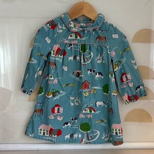 Baby Boden Teal Farm Print Long-Sleeve Dress